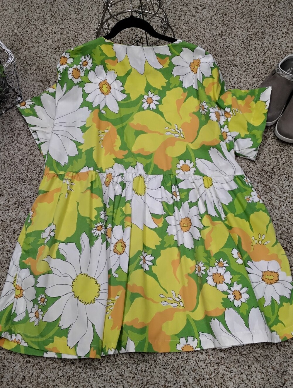 3958 Size XL Floral Green & Yellow Dress Made From A Vintage Curtain, Handmade. - Picture 4 of 5